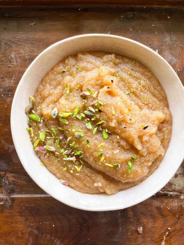 Halwa is a traditional Pakistani dessert made with flour, sugar, and ghee.